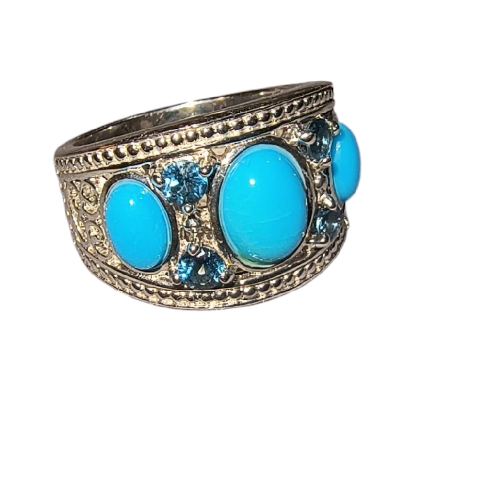 Sleeping Beauty Turquoise, Blue Topaz & Sterling Silver Embellished Ring